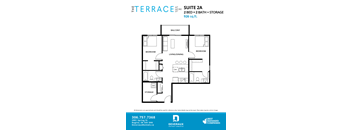 A floor plan for a suite with two bedrooms, a living/dining area, a balcony, and storage space.