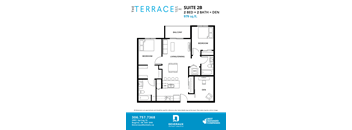 A floor plan for a suite with two bedrooms, two bathrooms, and a den.