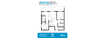 A floor plan for a suite at Palisades shows two bedrooms and two bathrooms.