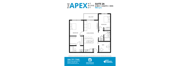 A floor plan for a 2 bedroom, 2 bathroom apartment.