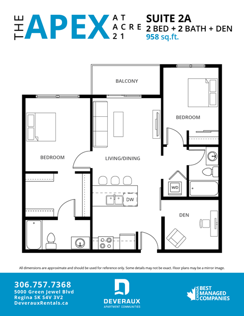 A floor plan for a 2 bedroom, 2 bathroom apartment.