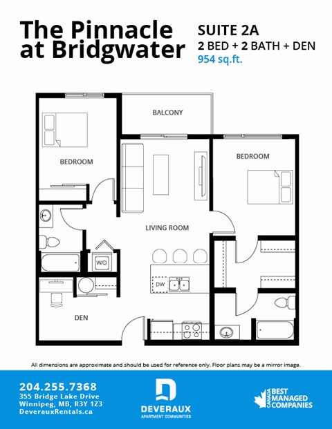 A floor plan for a 2 bedroom, 2 bathroom suite at Bridgwater.