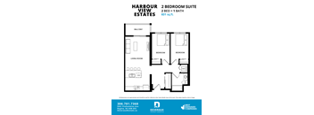 A floor plan for a 2 bedroom suite at Harbour View Estates.
