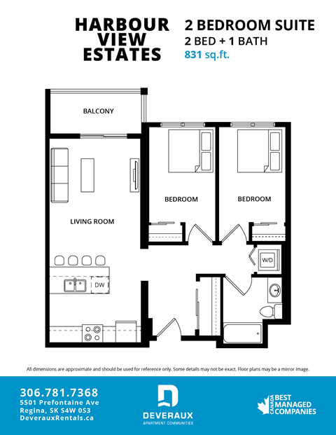 A floor plan for a 2 bedroom suite at Harbour View Estates.