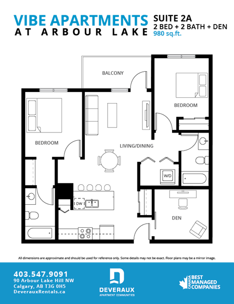 A floor plan for a suite at Arbour Lake apartment complex.