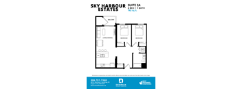 A black and white image of a floor plan for the Sky Harbour Estates Suite 2A, a 2 bedroom, 1 bathroom unit with a total area of 782 sq.ft.