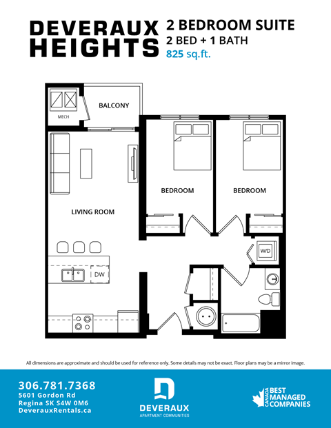 A black and white floor plan of a 2 bedroom suite.