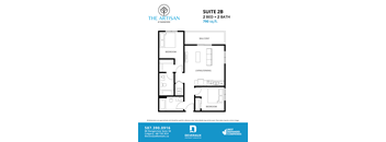 A floor plan for a 2 bedroom, 2 bathroom suite at The Artisan at Rangeview.