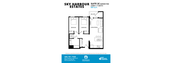 A floor plan for the Sky Harbour Estates, a suite with 2 bedrooms and 1 bathroom, is displayed.