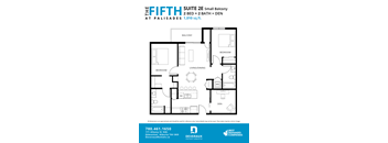 A floor plan for a suite at Palisades showing a balcony, two bedrooms, a living/dining area, a den, a full bath, and a laundry room.