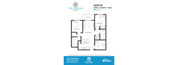A floor plan for a 2 bedroom, 2 bathroom suite at The Artisan at Rangeview.