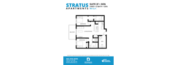 A floor plan for a suite with two beds and a den.