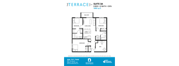 A floor plan for a 3 bedroom suite with a den and 2 bathrooms at Terrace on 21st.