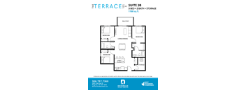 A floor plan for a suite at Terrace Acre shows a living/dining area, three bedrooms, a bathroom, and storage.