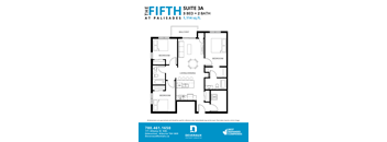 A floor plan of a three bedroom, two bathroom suite at Palisades.