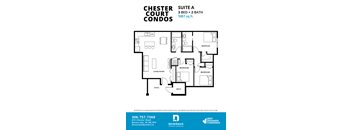 A floor plan for a 3 bedroom, 2 bathroom suite at the Chester Court Condos.