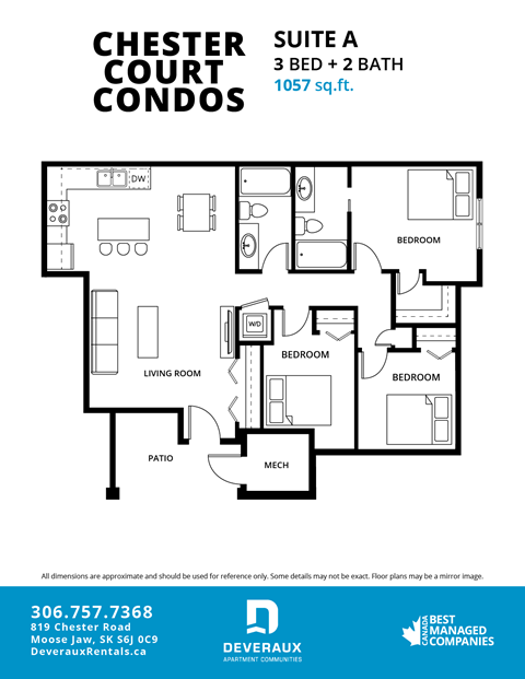 A floor plan for a 3 bedroom, 2 bathroom suite at the Chester Court Condos.