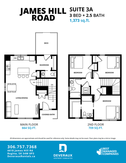 A floor plan for a 3 bedroom, 2.5 bathroom apartment at James Hill Road.