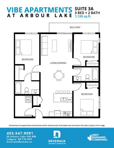 A floor plan for Vibe Apartments at Arbour Lake shows three bedrooms and two bathrooms in Suite 3A.