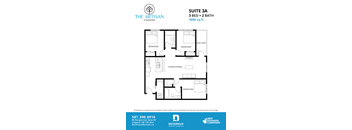 A floor plan for a 3 bedroom, 2 bathroom suite at Rangeview.