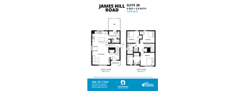 A floor plan for a 3 bedroom, 2.5 bathroom apartment at James Hill Road.