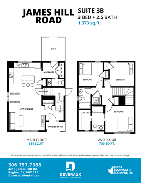 A floor plan for a 3 bedroom, 2.5 bathroom apartment at James Hill Road.