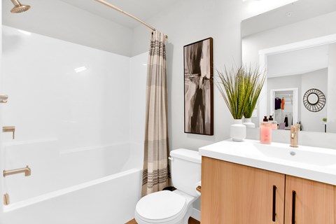A white bathroom with a toilet, sink, and shower.