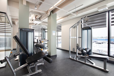 A gym with a row of exercise machines.