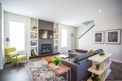 a living room with a gray couch and a fireplace