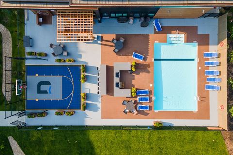 Aerial view of G17's basketball court and swimming pool