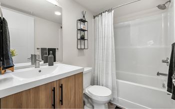 A white bathroom with a toilet, sink, and shower.
