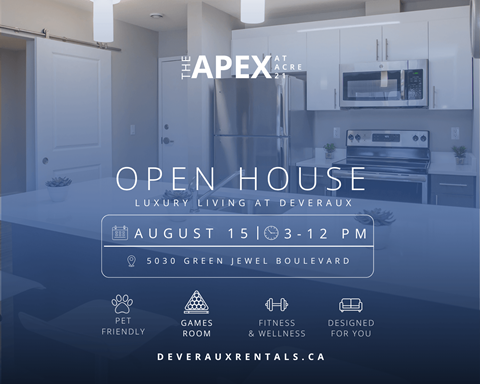 A promotional image for an open house at The Apex at Acre 21, featuring a kitchen area.