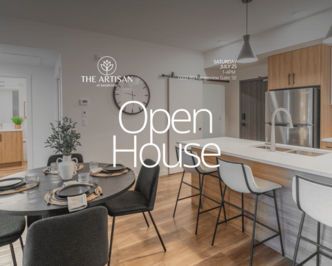 A modern dining room is set for an open house event.