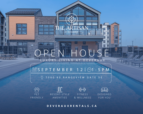 An advertisement for an open house event at The Artisan at Rangerview in Deveraux.