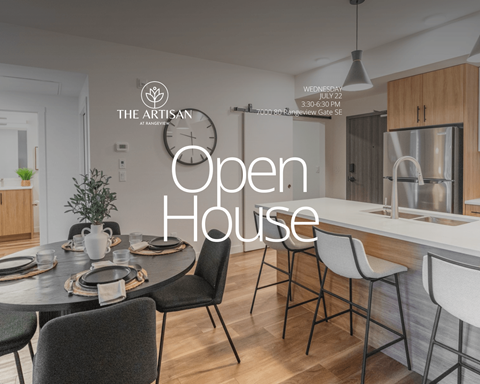 A modern dining room is set for an open house event.