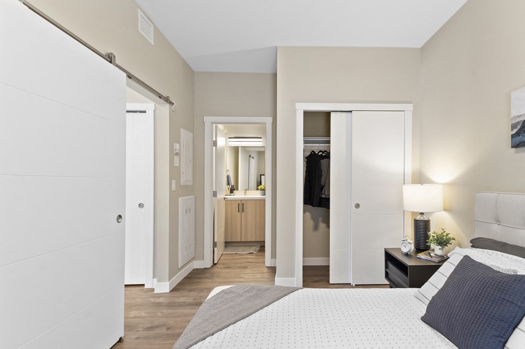 a bedroom with a bed and a closet