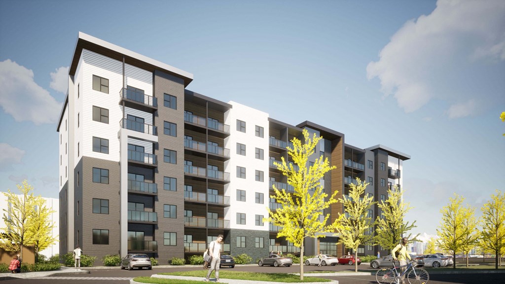 a rendering of an apartment building on a city street