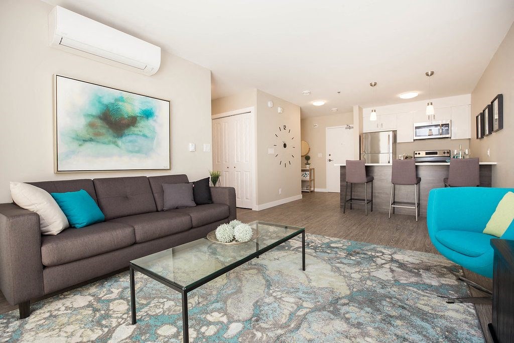 Interior - wide shot of living room and kitchen area.