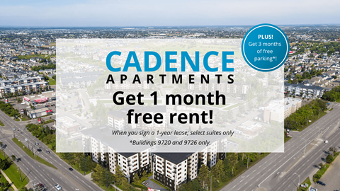 An advertisement for Cadence Apartments offering a free month of rent for a year-long lease.