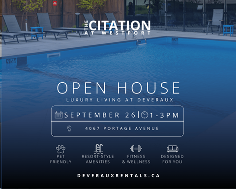 An advertisement for an open house at The Citation at Westport, featuring a pool and various amenities.