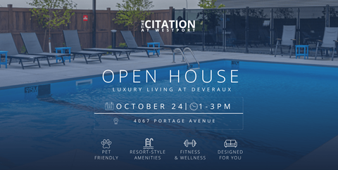 An advertisement for an open house event at Doveraux on October 24th from 1-3 PM.