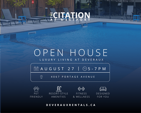 An advertisement for an open house at The Citation at Westport, featuring a pool and various amenities.