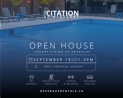 An advertisement for an open house at The Citation at Westport, featuring a pool and various amenities.