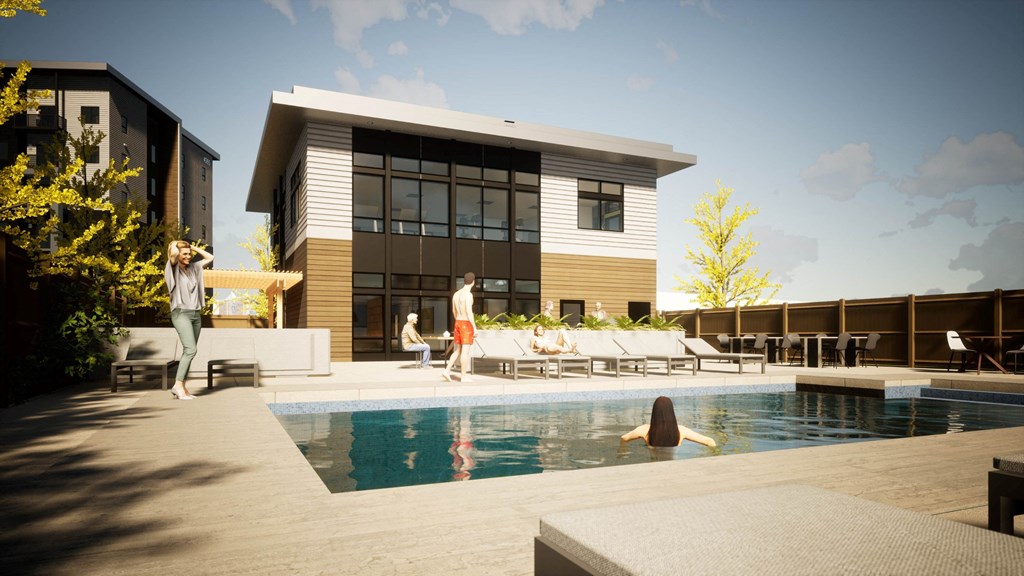 a rendering of a house with a pool and people in it