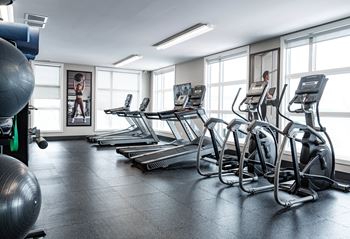 A gym with treadmills and exercise balls.