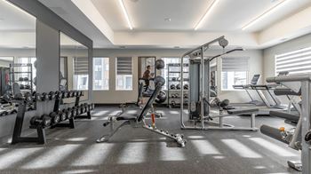 A gym with a variety of equipment including weights and cardio machines.at Vibe Apartments at Arbour Lake, Calgary, AB T3G 4J2  