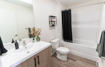 A white sink with a black towel on the counter.at Vibe Apartments at Arbour Lake, Alberta  