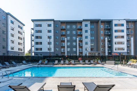 Exterior With Pool View at Cadence at Griesbach, Edmonton, AB, T5E 1Y8