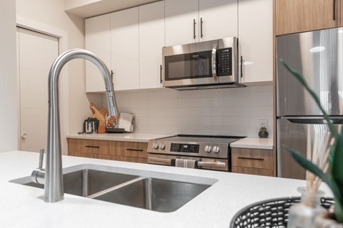 A modern kitchen with a stainless steel sink and a microwave above the stove.