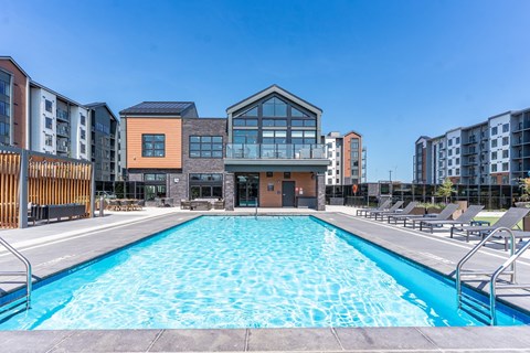 A large swimming pool in front of a building with a glass facade.